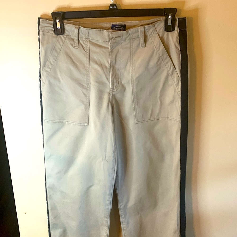 Scoop brand side stripe khaki utility pants.zip front, pockets.
